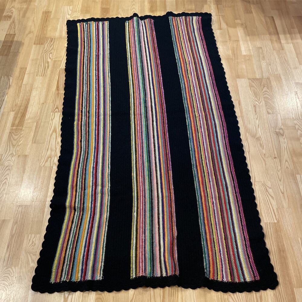 Vintage Rainbow Hand Crochet Knitted Afghan Blanket 69”x38” Quilt Scalloped Edge